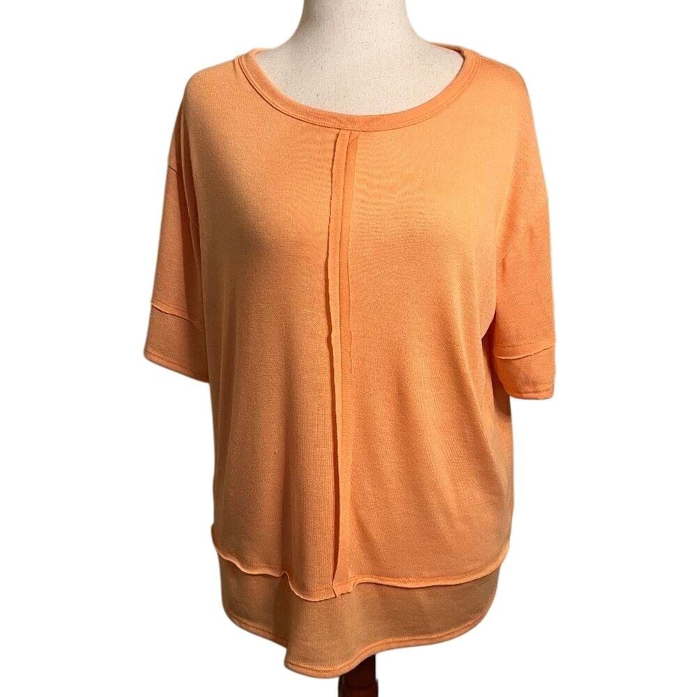 Hopely popover top orange knit raw seaming short sleeve loose fit tunic tee Sz M